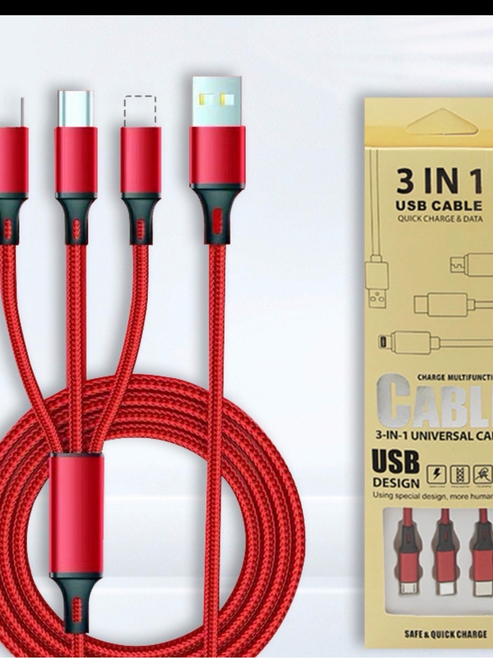 3-in-1 Red USB Charging Cable – Universal Multi-Connector